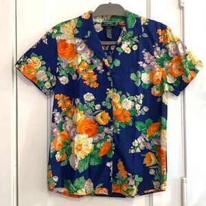FABULOUS Vintage Lauren Ralph Lauren blue floral cotton camp blouse SZ S